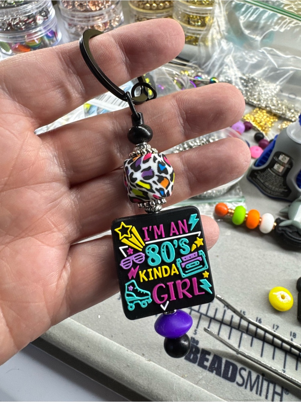 80's Kinda Girl Purple Beaded Keychain Charm